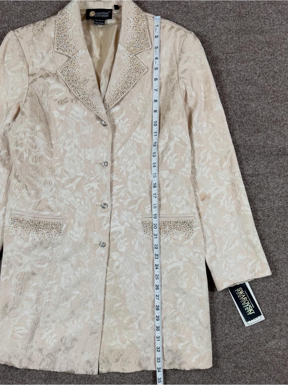 Christine Alexander Jacquard Beige Mid Length Coat Women’s L Swarovski Crystals - Picture 11 of 12